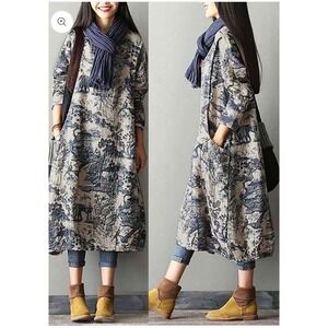 Buykud Toile de Jouy Linen Blend Midi Dress Navy Beige Scenic Elephant Lagenlook